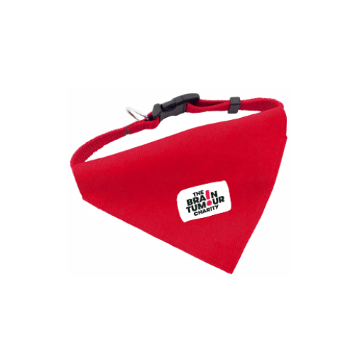 Red branded charity dog bandana on white