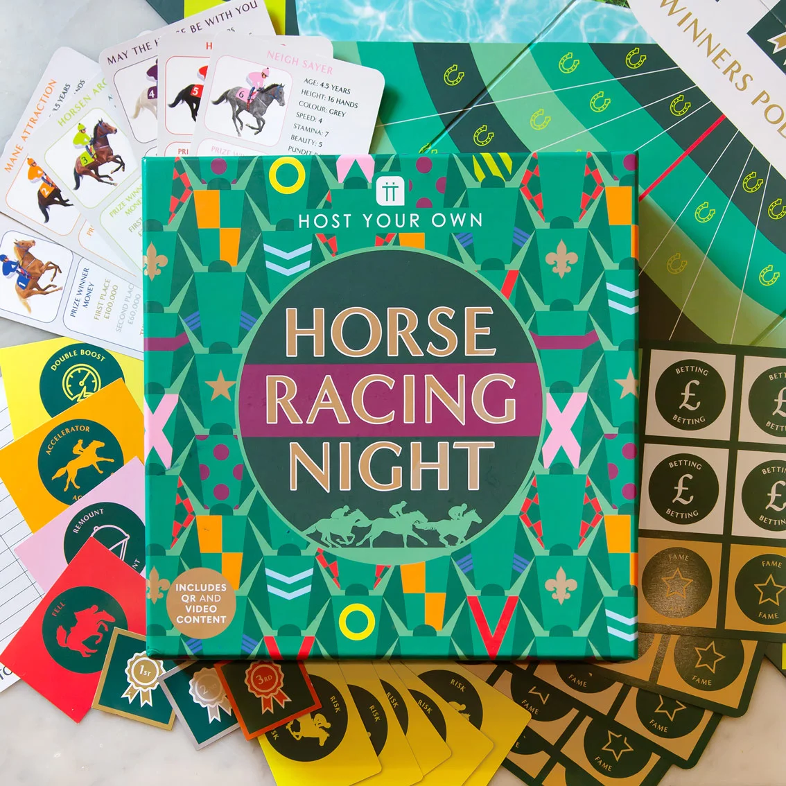 Horse Racing Night board game with cards laid out around it