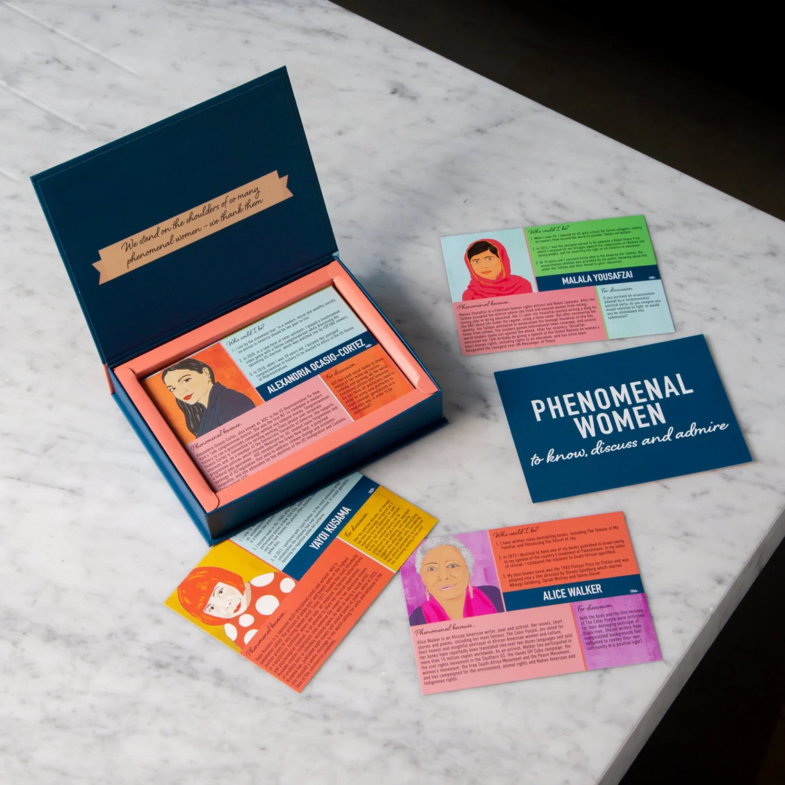 Phenomenal Women game cards on a tabletop